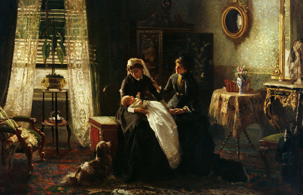 Detail of A domestic interior with two women wearing black, one holding a baby', also known as 'Maternal Advice' by A. M. Rossi