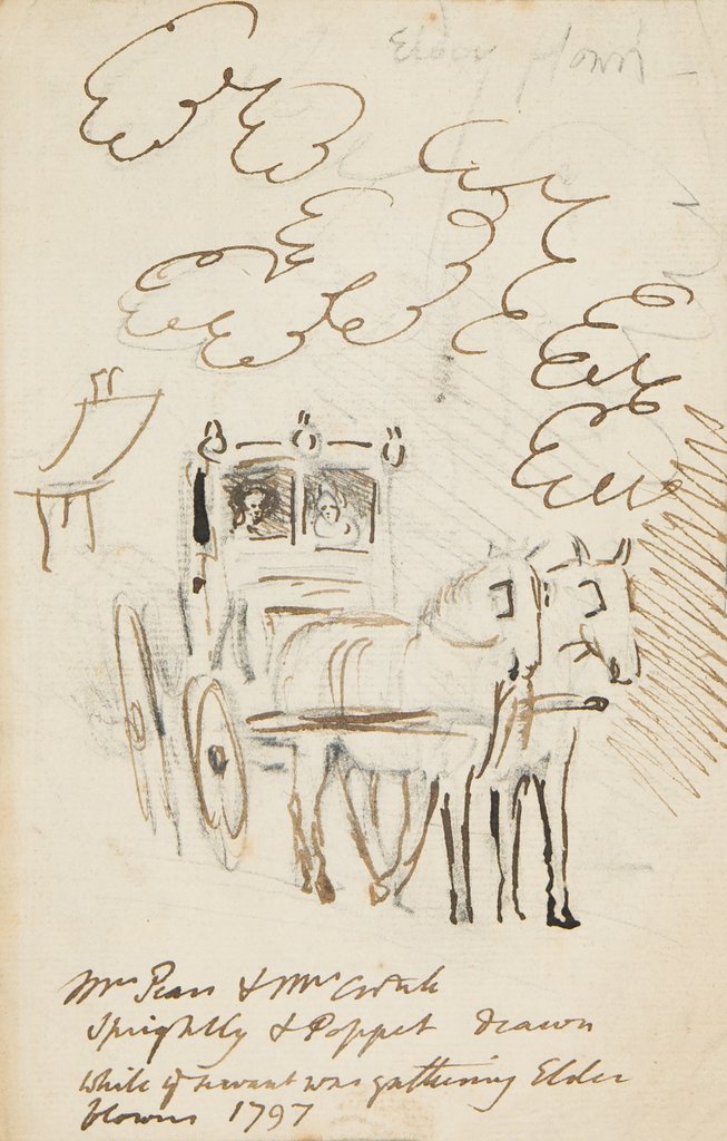 Detail of Ink sketch of Horse and Carriage with the note ‘Mr Pears and Mr . Sprightly and Poppet drawn. While--- was gathering elder blown 1797’ by Mary Anne Goodman