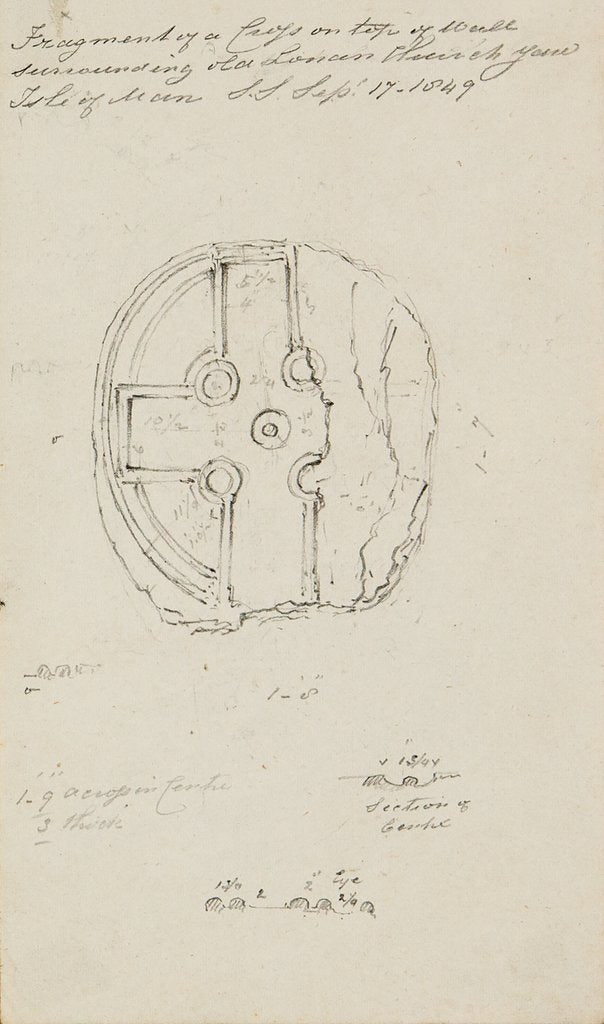 Detail of Fragment of a cross on top of wall surrounding Old Lonan Church Yard, Isle of Man by S. Staples