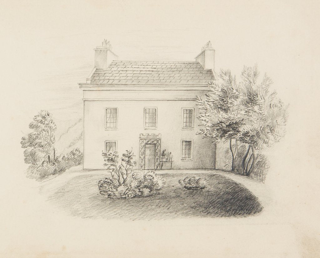 Detail of Large white-washed house with greenery and trees all around by Unknown