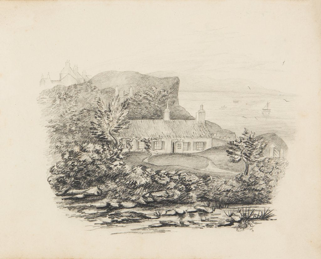 Detail of White-washed, thatched cottage by shoreline by Unknown