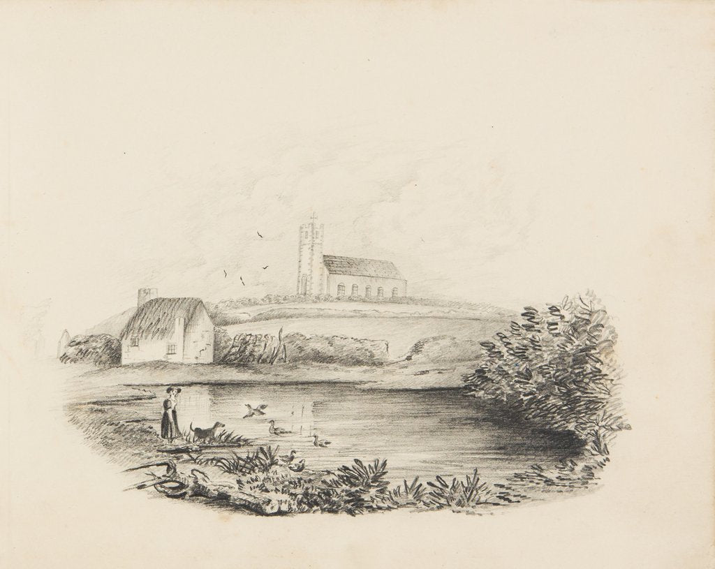 Detail of Jurby Church with cottage to left-hand side by Unknown