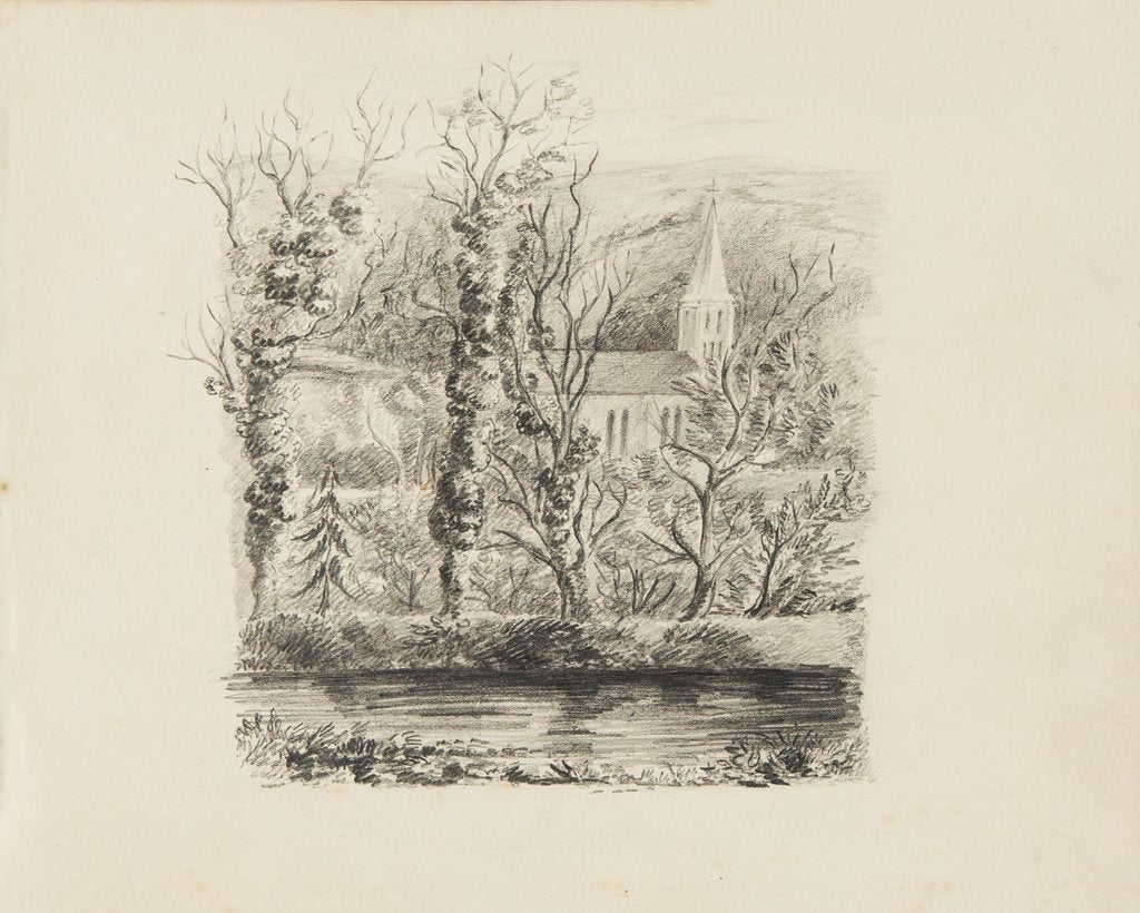 Detail of Church with trees and greenery in front and river in foreground by Unknown