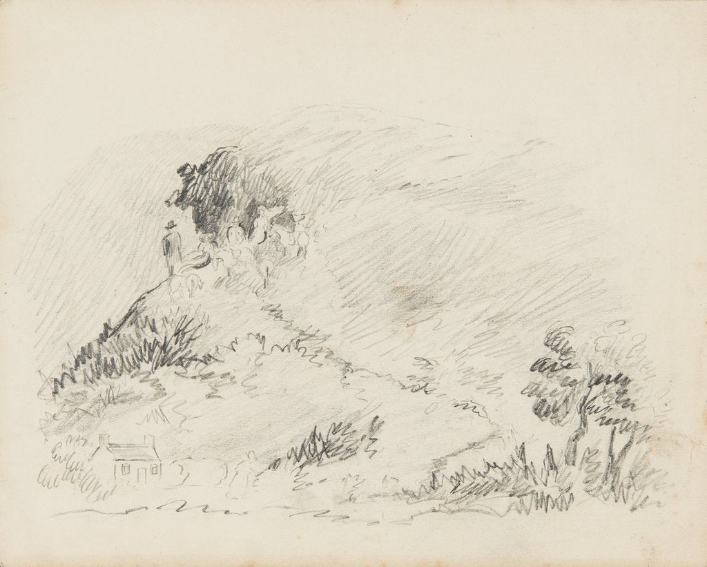 Detail of Group of figures and horses on side of hill to left-hand side. by Unknown