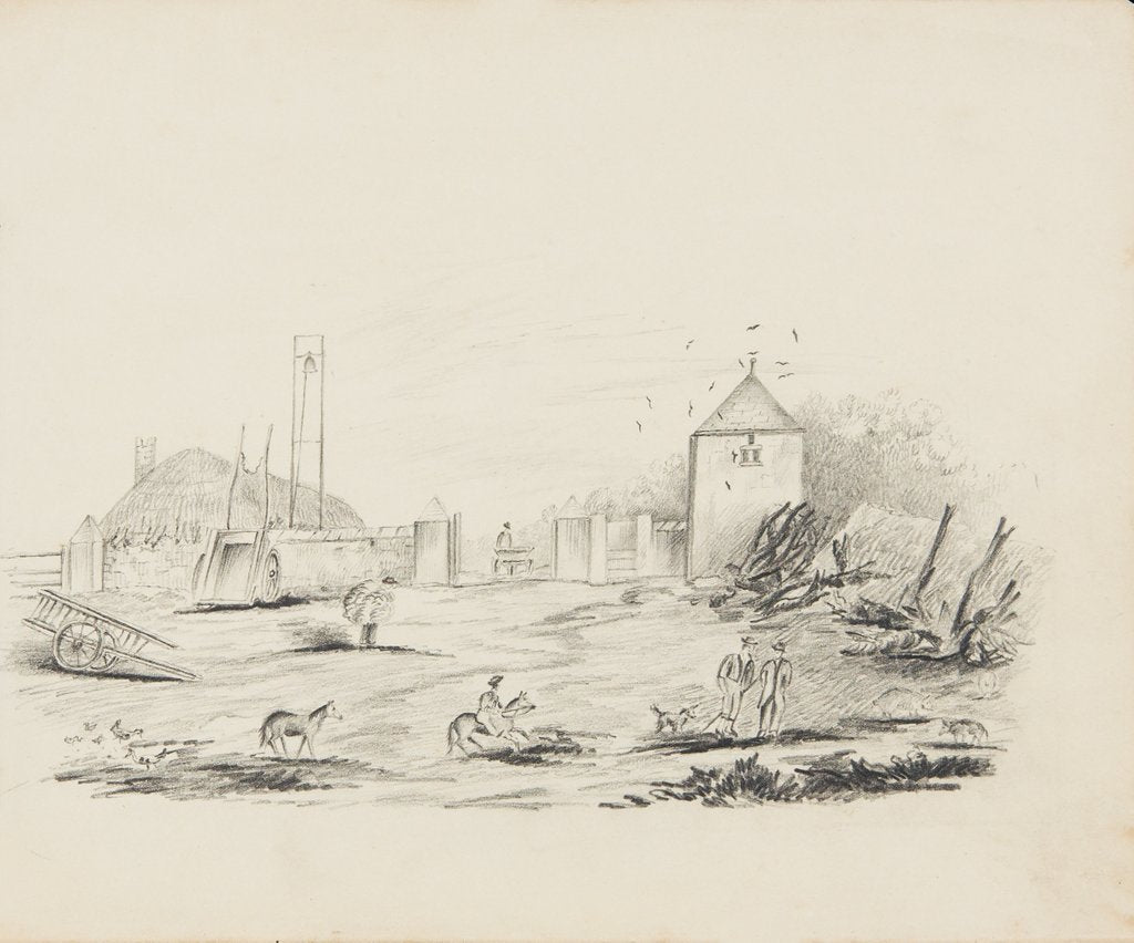 Detail of Farmyard with figures, farm carts, horses and a dove cote or pigeon tower to right-hand side by Unknown