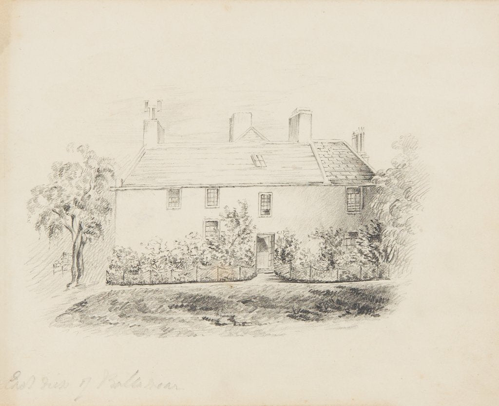 Detail of East View of Ballamoar, Isle of Man. View of white-washed house with greenery across its front with fence in front of it by Unknown