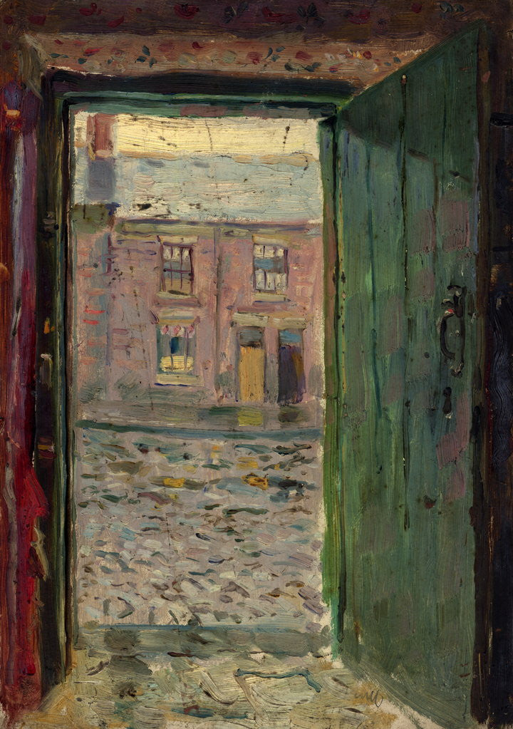 Detail of Empty cobbled street, with houses opposite, viewed through an open green wooden door by Ralph Hedley