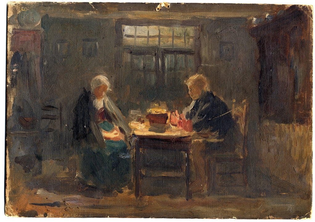 Detail of Dark interior with a man and a woman sat at a table, window in the background by Ralph Hedley