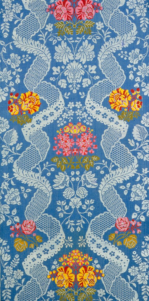 Detail of Dress fabric with a design of flowers and lace like vines by Unknown