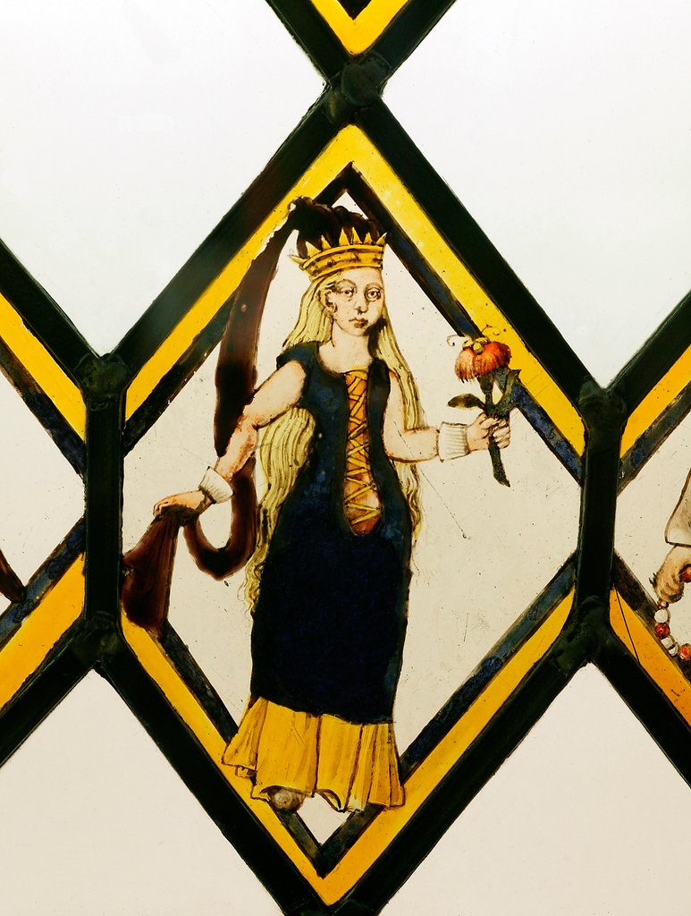 Detail of The Betley Window stained glass panel, detail of the Queen of May by Unknown