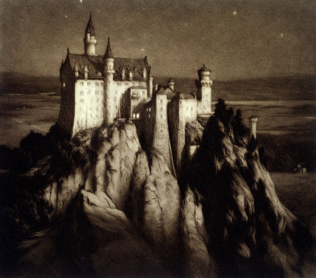 Detail of The Mad King's Castle, Schloss Neuschwanstein by night by Percival Gaskell