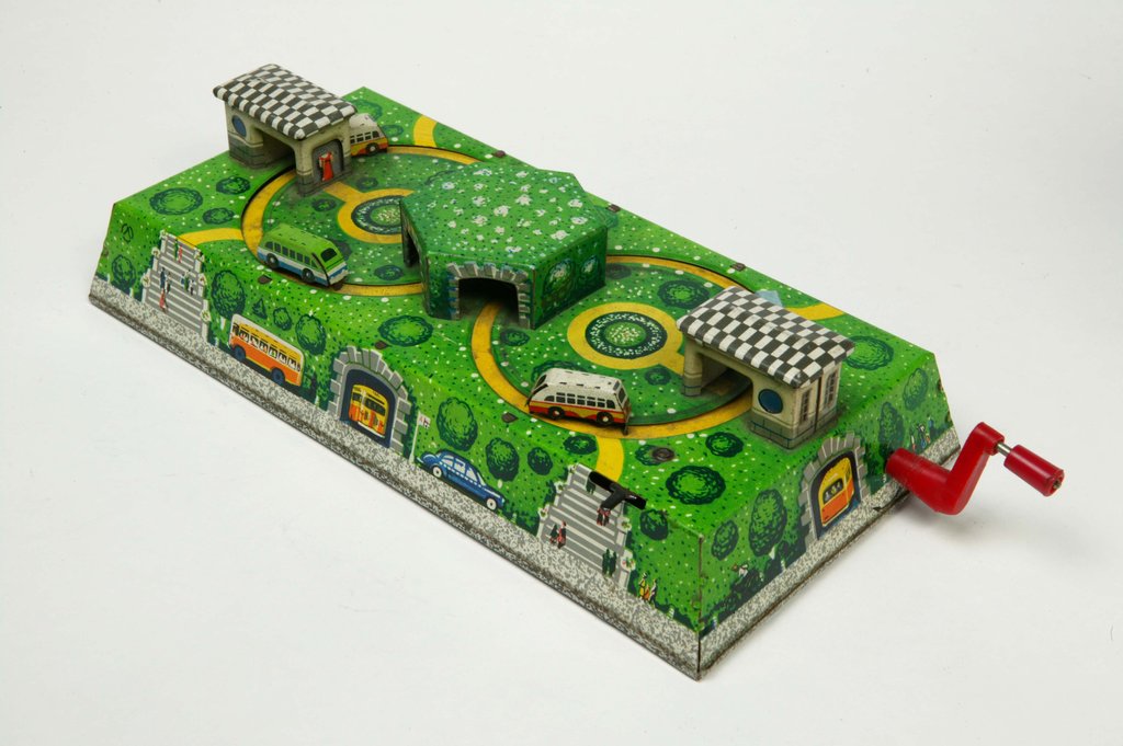Detail of Clockwork toy scene with bus station and park by Unknown