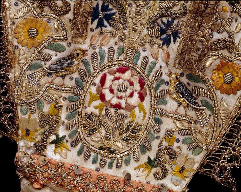 Detail of Gloves with a rose in an oval flanked with birds and flowers by Unknown