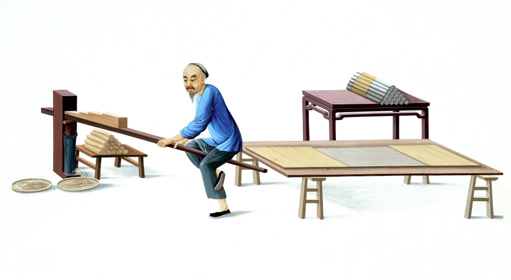Detail of Man making incense sticks by Unknown