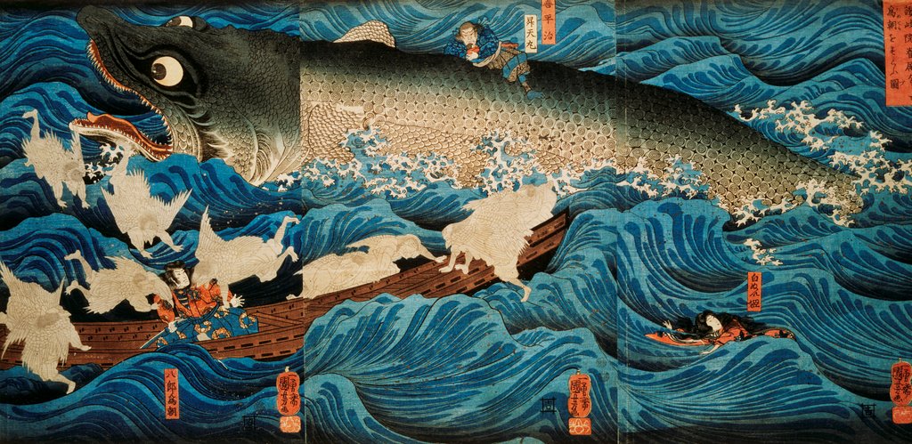 Detail of The Spirit of Sanuki-in Saving Tametomo from Suicide by Utagawa Kuniyoshi