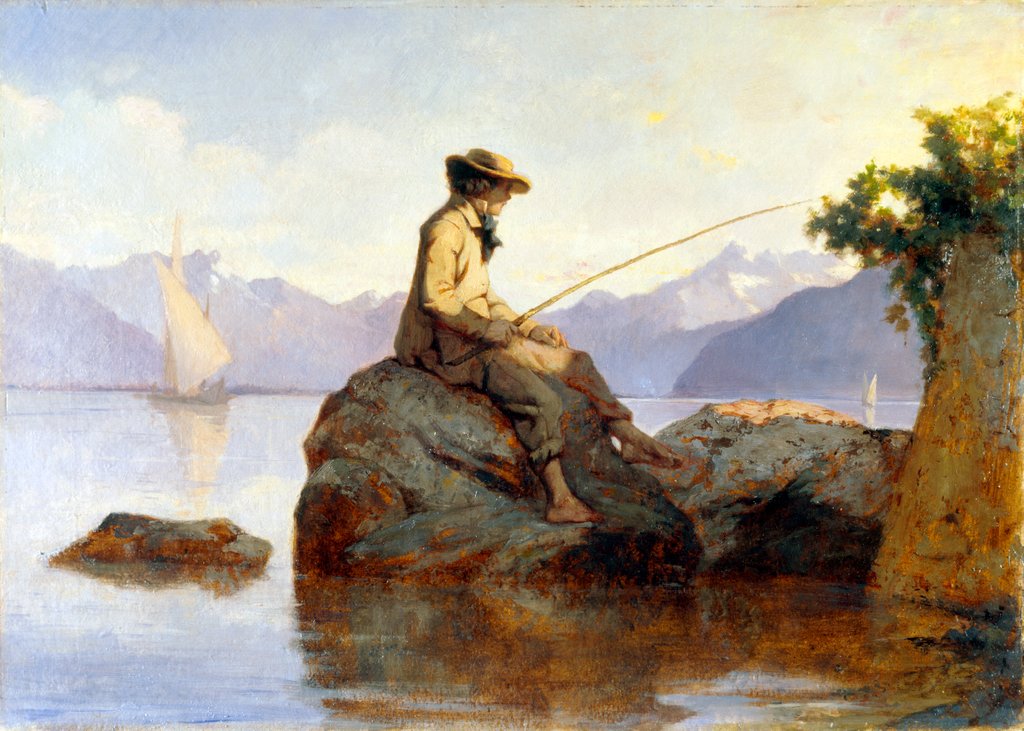 Detail of Oil painting of a man fishing by François Bocion