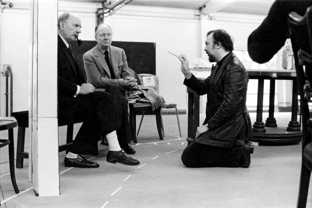 Detail of Peter Hall directing John Gielgud and Ralph Richardson in the rehearsal of Harold Pinter's No Man's Land at the Old Vic Theatre by unknown