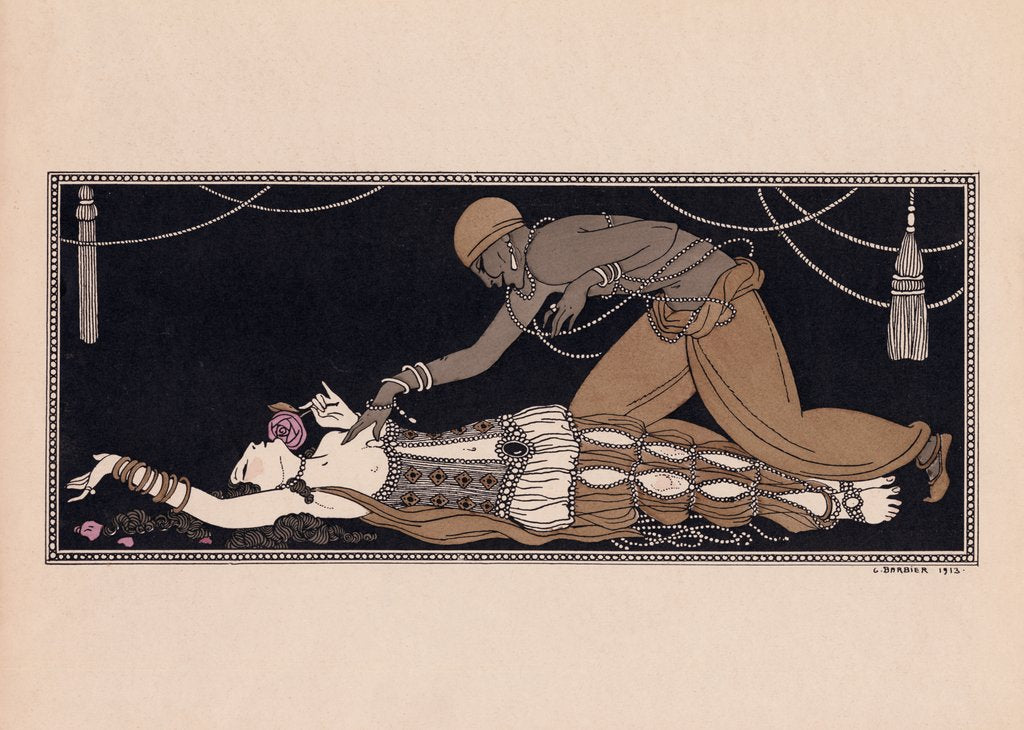 Detail of Ida Rubinstein as Zobeide and Vaslav Nijinsky as the Golden Slave, in the ballet Scheherazade from Serge Diaghilev's Ballet Russes in 1910, print by Georges Barbier by Barbier