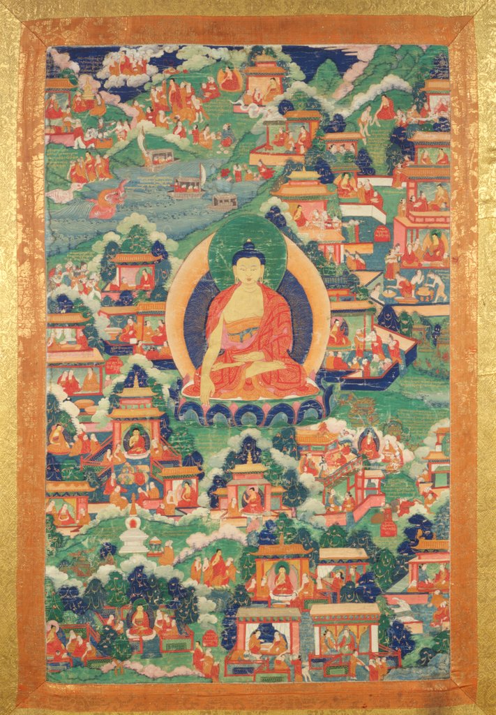 Detail of T`Angka depicting The Buddha Sakyamuni with various scenes from his life by Unknown