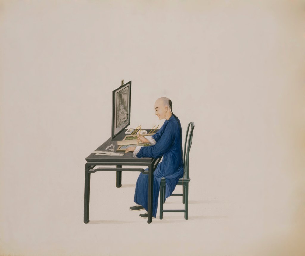 Detail of Artisan copying a painting onto the reverse of a sheet of glass. China, late 18th century by Unknown