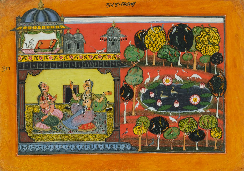 Detail of A lady blames her cat for scratches inflicted by her lover. Basholi, India, mid-17th century by Unknown