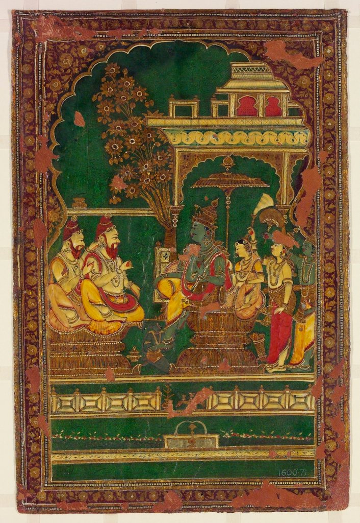 Detail of Book cover depicting a ruler on his throne. Madras, India, early 19th century by Unknown