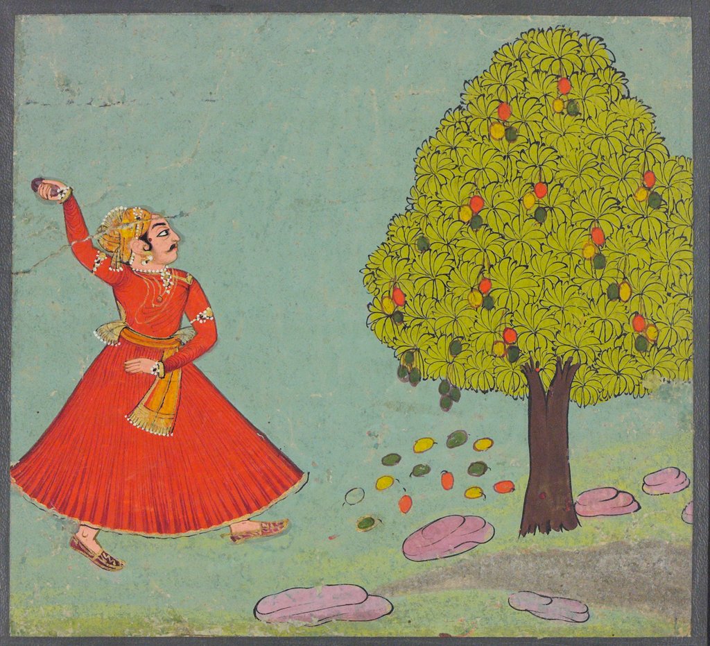 Detail of A man throwing stones at a mango tree. Bundi, India, 19th century by Unknown