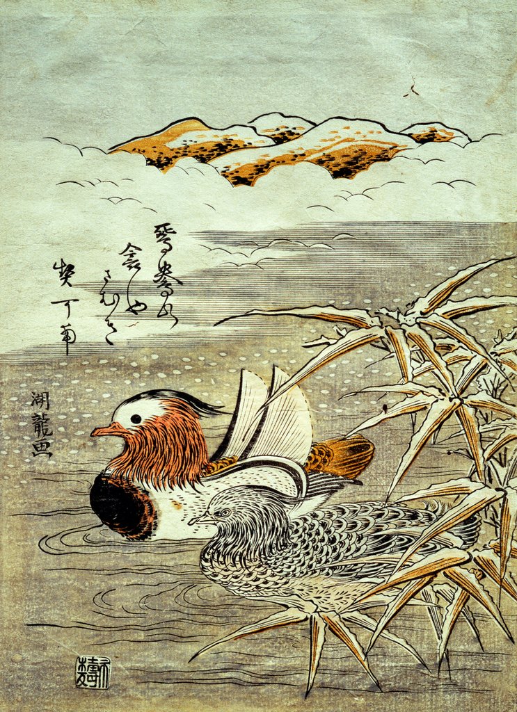 Detail of A Pair of Mandarin Ducks in Snow by Isoda Koryûsai