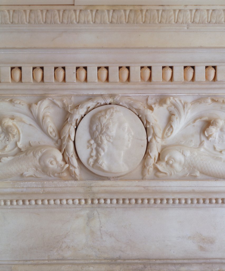 Detail of George III portrait medallion carved on a chimney by William Chambers