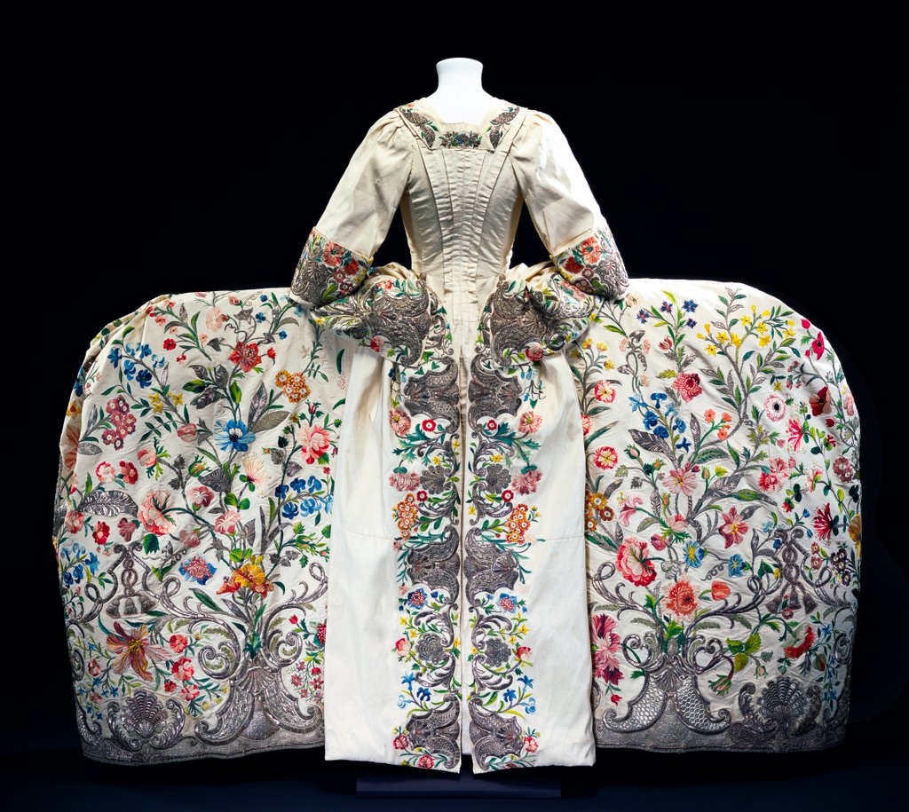 Detail of Court dress or mantua, back view. Embroidered silk with silver thread. England, c.1740-45. by Unknown