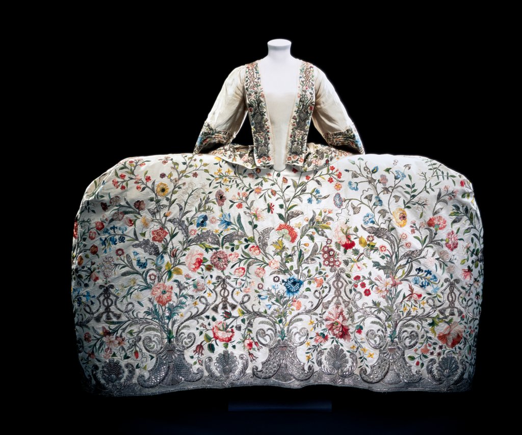 Detail of Court dress or mantua. Embroidered silk with silver thread. England, c.1740-45 by Unknown