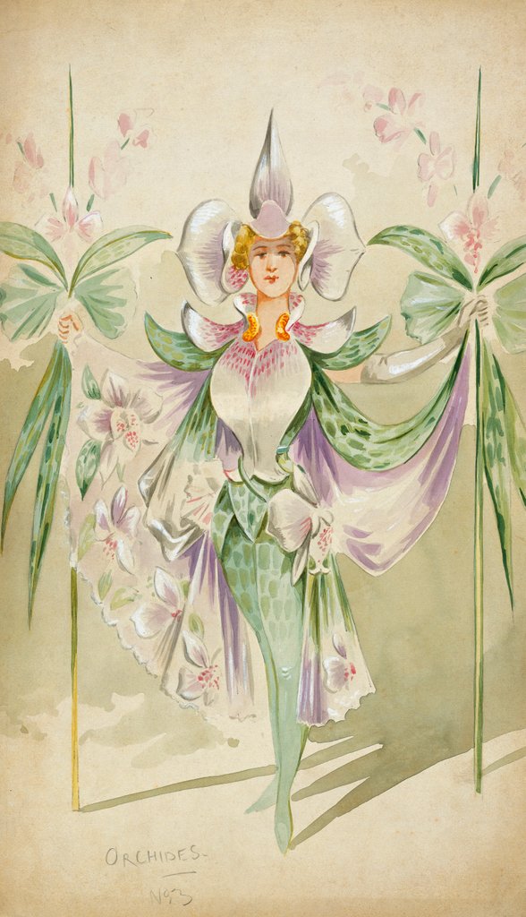 Detail of Costume design for a female Orchide by Attilio Comelli