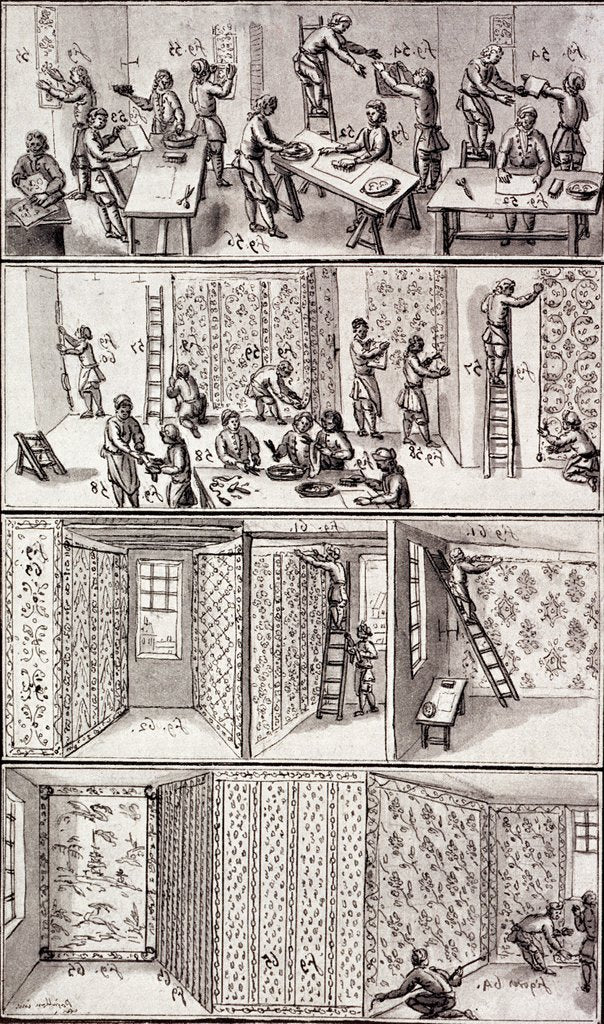 Detail of Cutting, pasting, alligning and papering with various different floral wallpapers and friezes by H. Clouzet