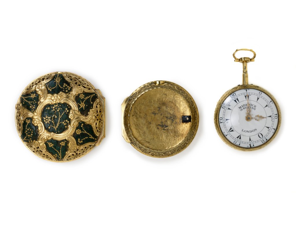 Detail of Watch outer case, watch inner case and clock watch, Markwick & Markham. London, England, mid-18th century by Unknown