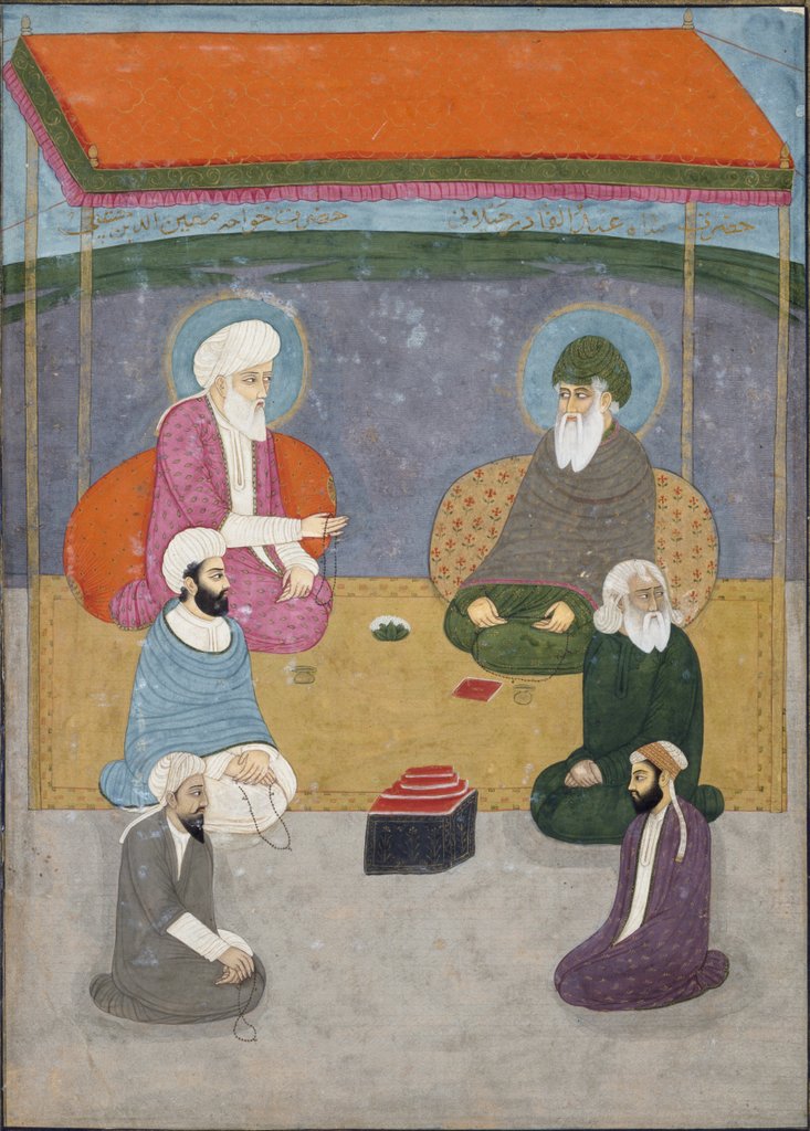 Detail of Abdul Qadir and Khwaja Mu`in Al-Din Chisti with other divines seated on a river bank by Unknown