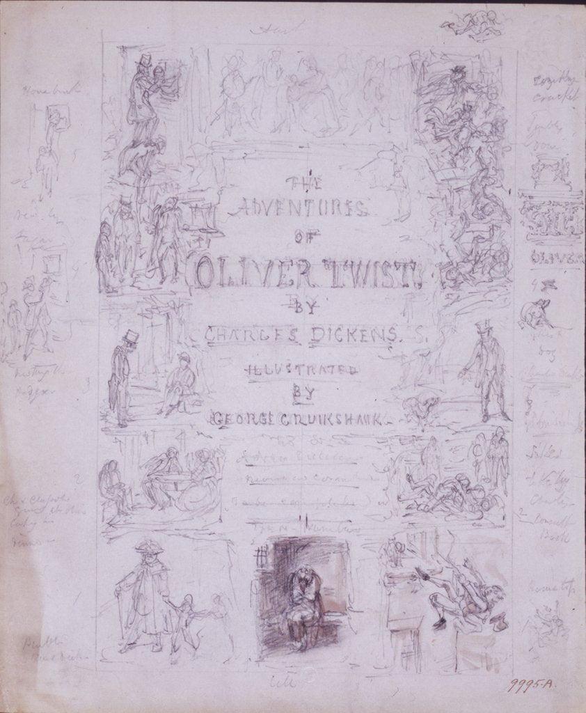 Detail of Draft Title Page for The Adventures of Oliver Twist by George Cruikshank