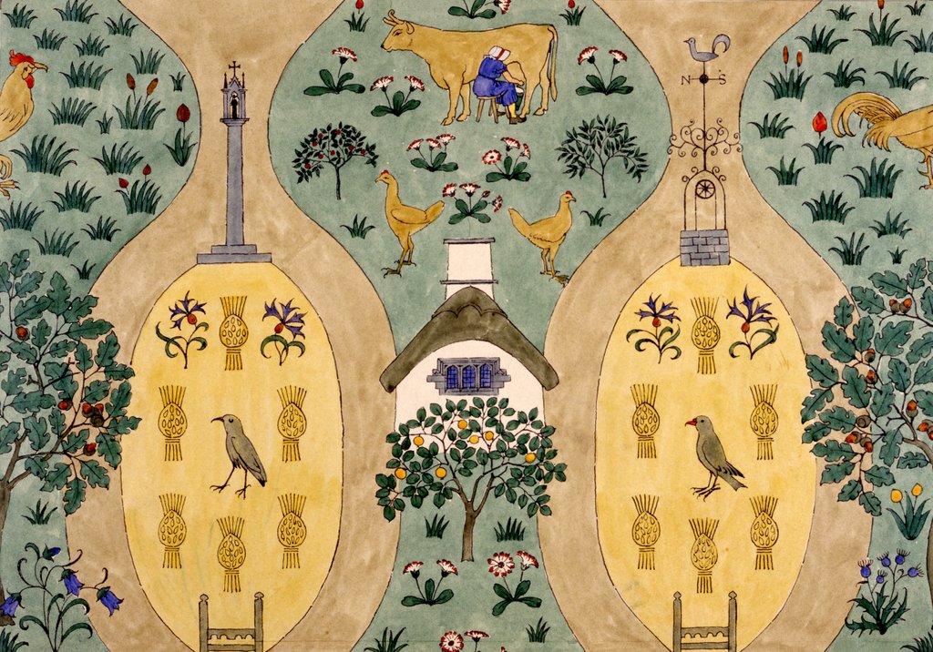 Detail of Textile design depicting a farm by Charles Francis Annesley Voysey