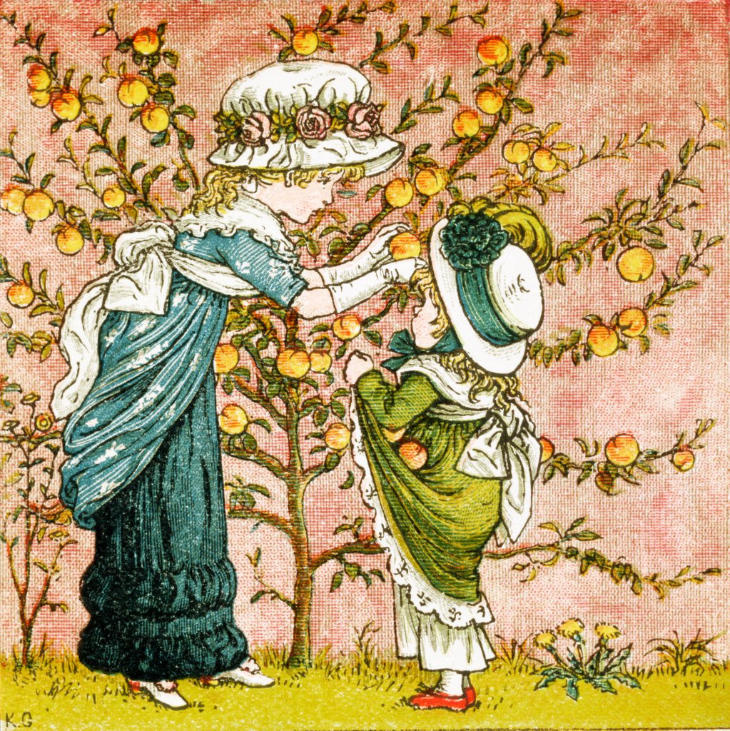 Detail of Two girls picking apples by Kate Greenaway