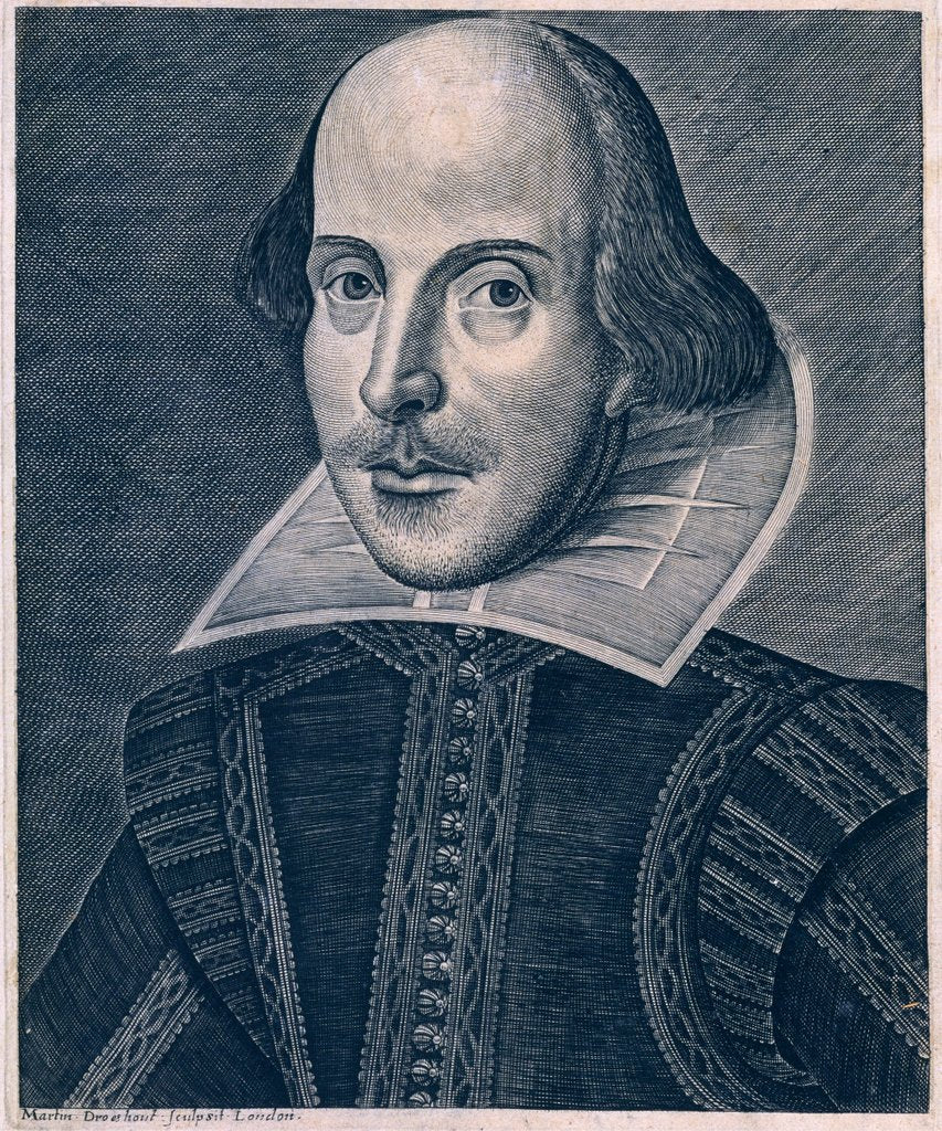 Detail of Frontispiece showing William Shakespeare on his book Comedies, Histories and Tragedies. England, 1623 by Anonymous