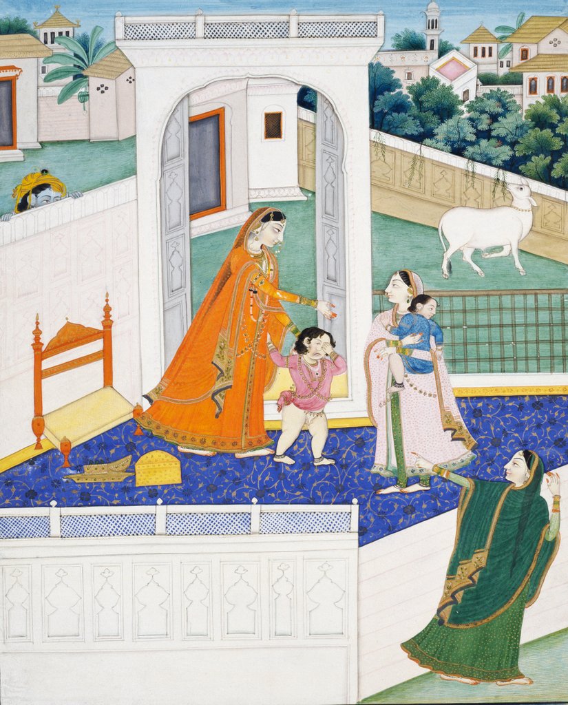 Detail of Krishna Peering Over a Wall at Radha & Children. Mandi, Punjab Hills, India, 1840 by Unknown