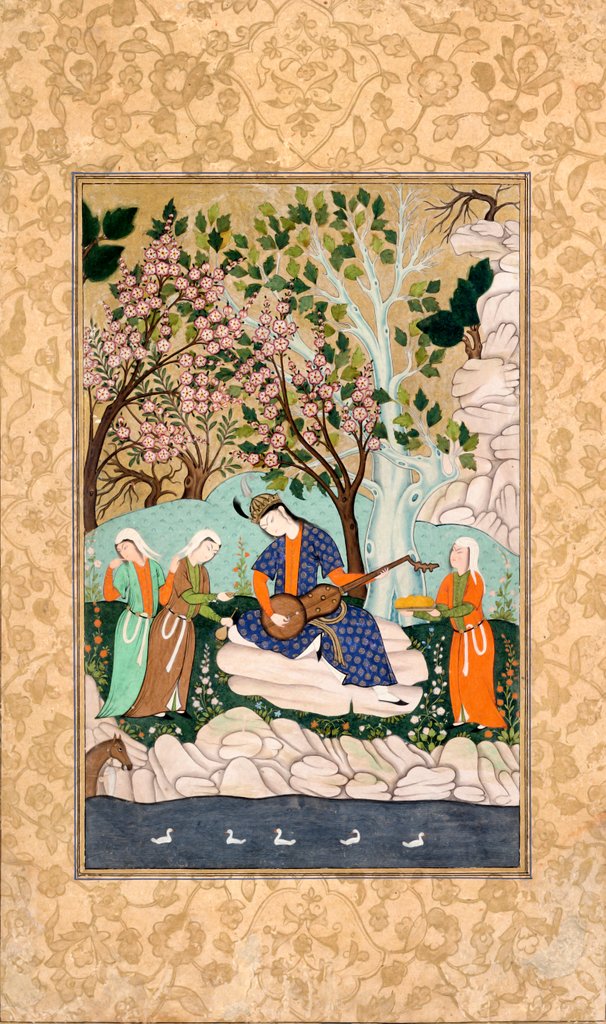 Detail of Prince playing a long-necked lute. Hyderabad, India, mid-18th century by Unknown