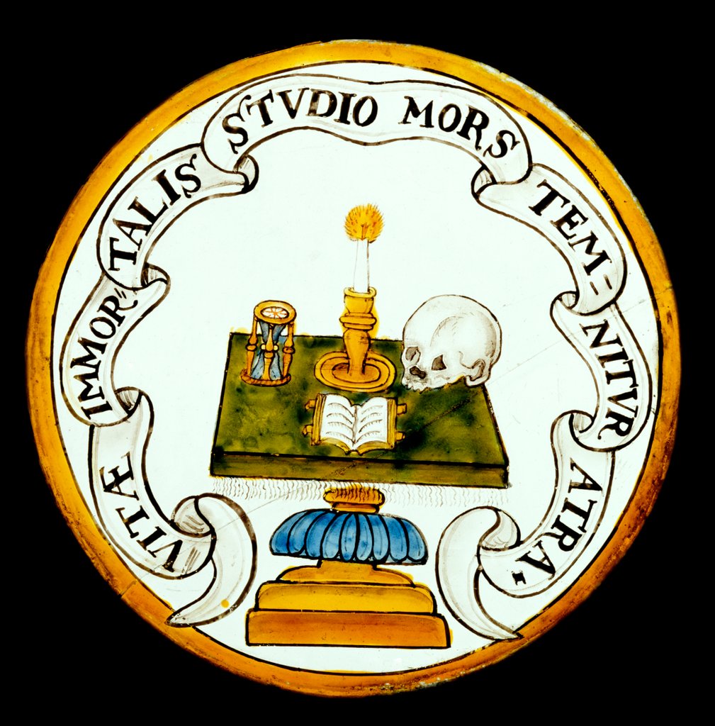 Detail of Stained glass roundel with memento mori messages. England, early 17th century by Unknown