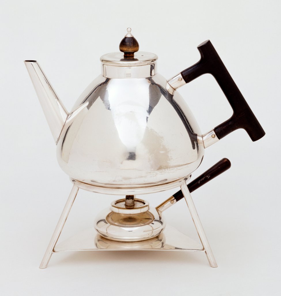 Detail of Tea kettle and stand by Christopher Dresser