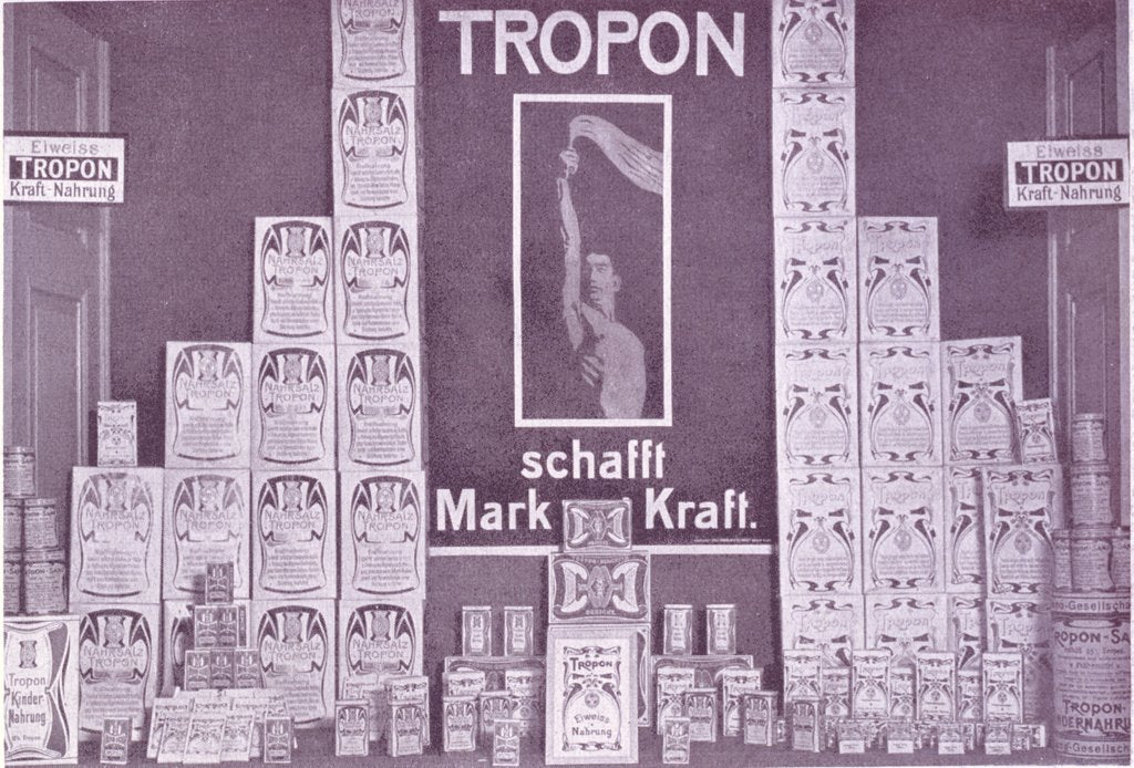 Detail of Photograph of a shop window with a display of Tropon goods by Anonymous