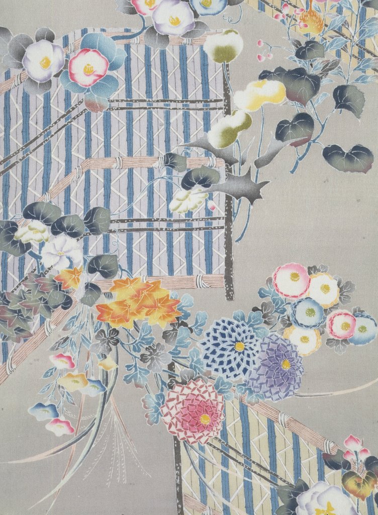 Detail of Detail from a kimono depicting flowers and bamboo fences by Anonymous