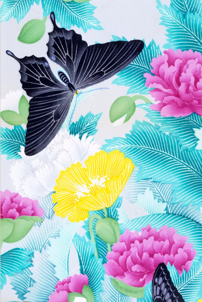 Detail of Page from a textile sample book;  - Butterflies & Flowers;  silk or synthetic fibre with printed decoration;  Japanese;  1939 by Unknown