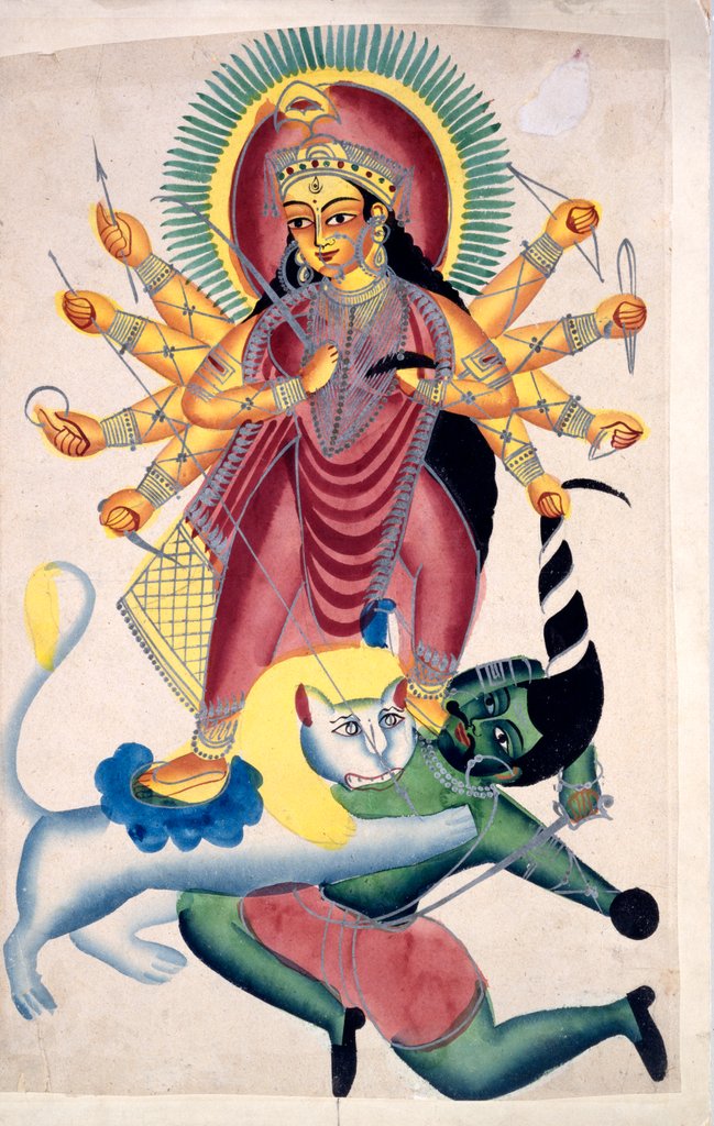 Detail of Kalighat painting of Durga Killing Mahishasura. Calcutta, India, mid-19th century by Unknown
