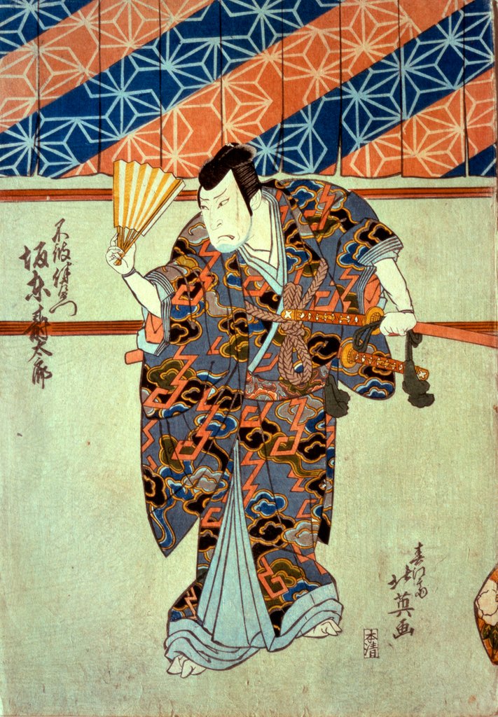 Detail of Kabuki actor, one of  a triptych by Shunbaisai Hokuei