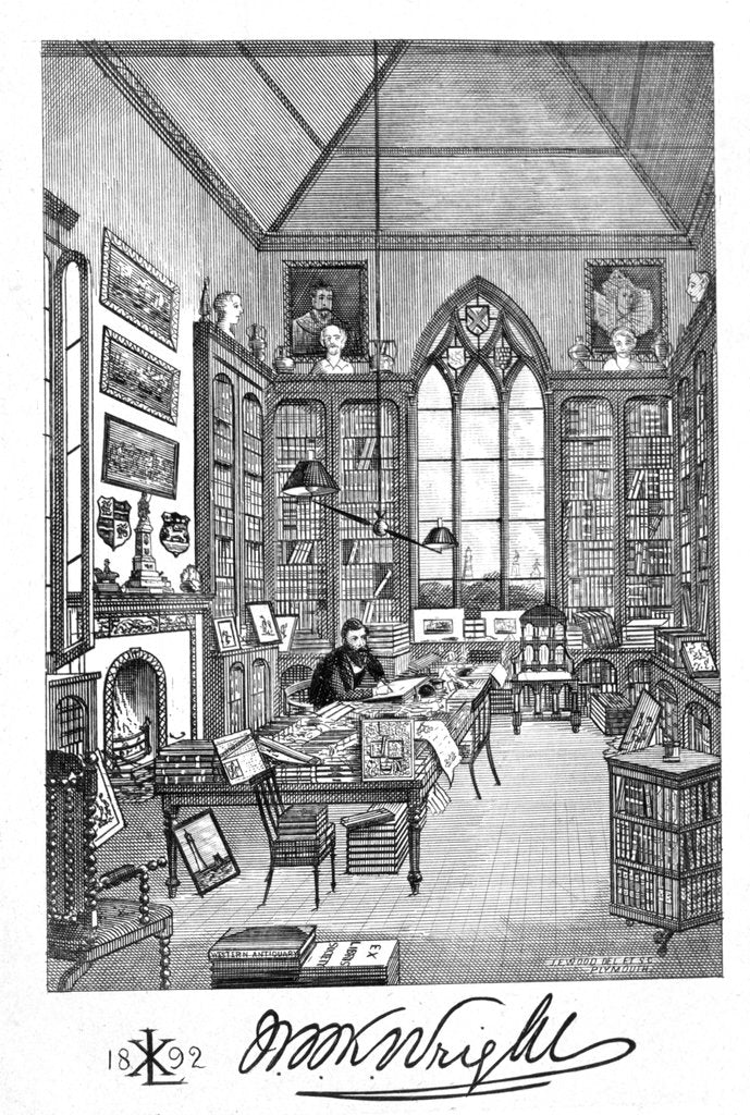 Detail of Bookplate depicting a man in a Victorian study by Alan Wright