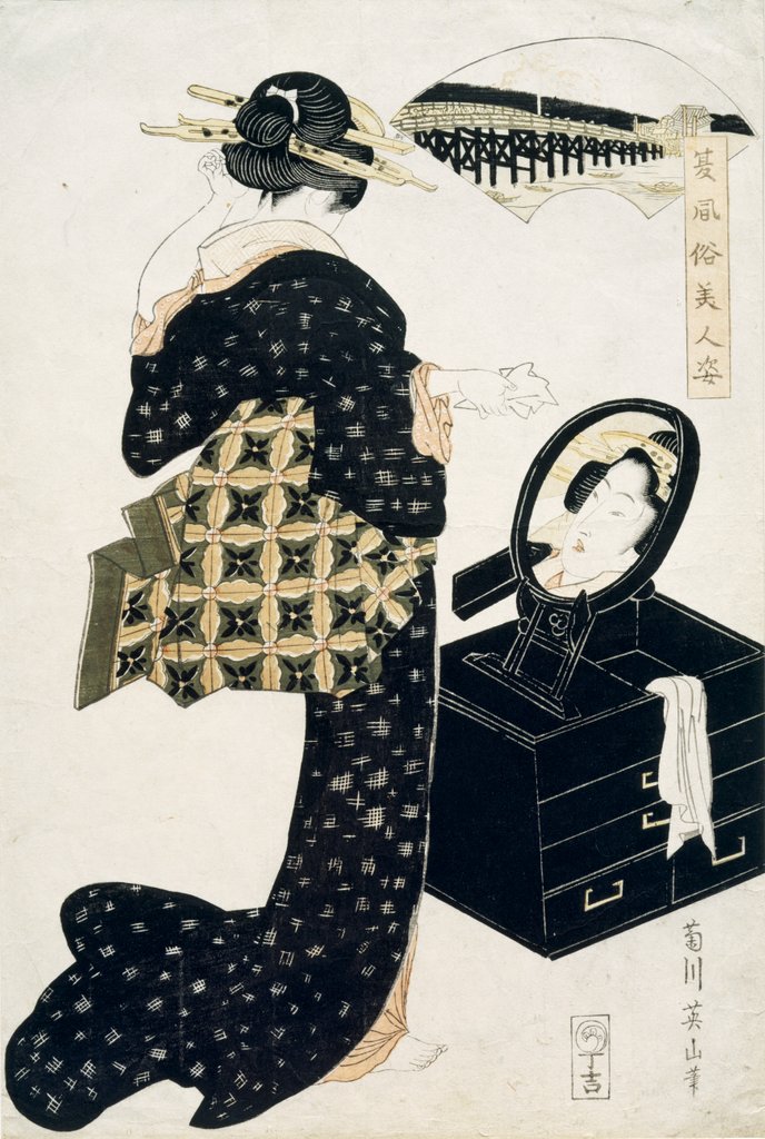 Detail of A girl standing at her toilet before a looking glass by Eisan